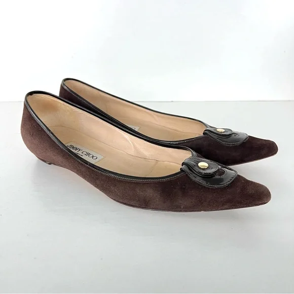 JIMMY CHOO Brown Suede w Leather Accent Close Pointy Toe Slip On Flats Sz 39 1/2